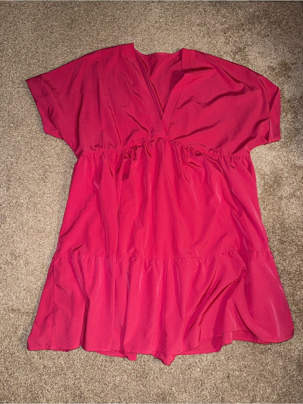 Women’s V-Neck Batwing Sleeve Ruffle Hen Smock Dress - Hot Pink